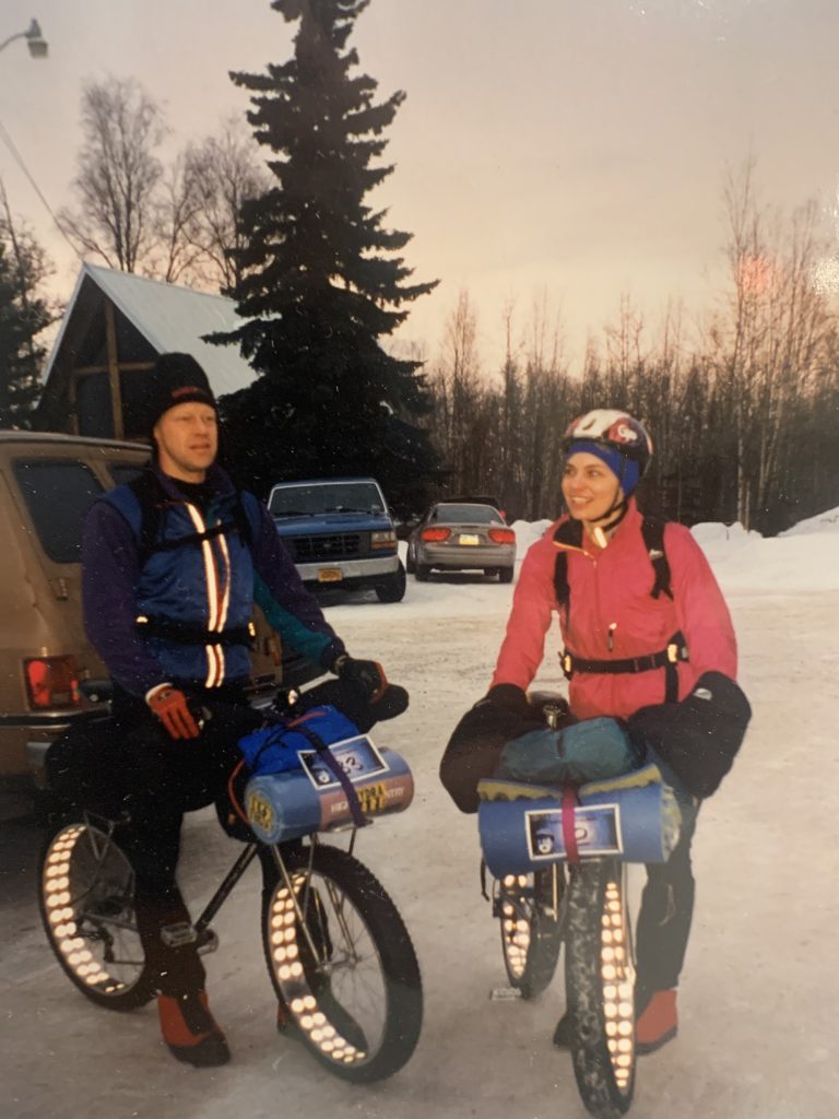 The history of fatbikes: John and Kathie Evingson at the Millennium Iditasport 100, 2000, the first year wide rim and tires were used. Five people total used frames made by John, with rims and tires made by Ray Molina. Photo courtesy of John Evingson.